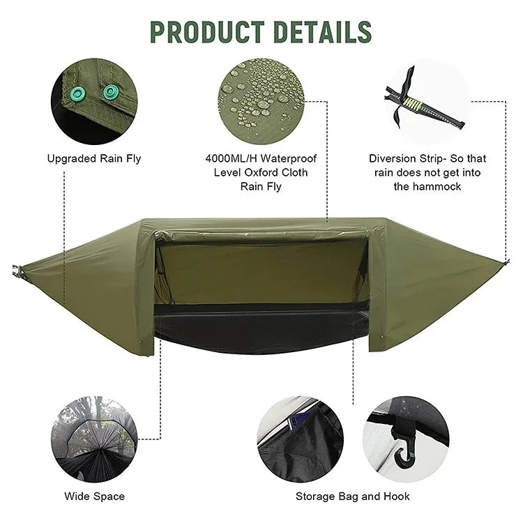 All-In-One Tunnel Mosquito Net + Hammock + Waterproof Rainfly - Tree Tent for Solo Waterproof & Bug-Proof Hiking Camping