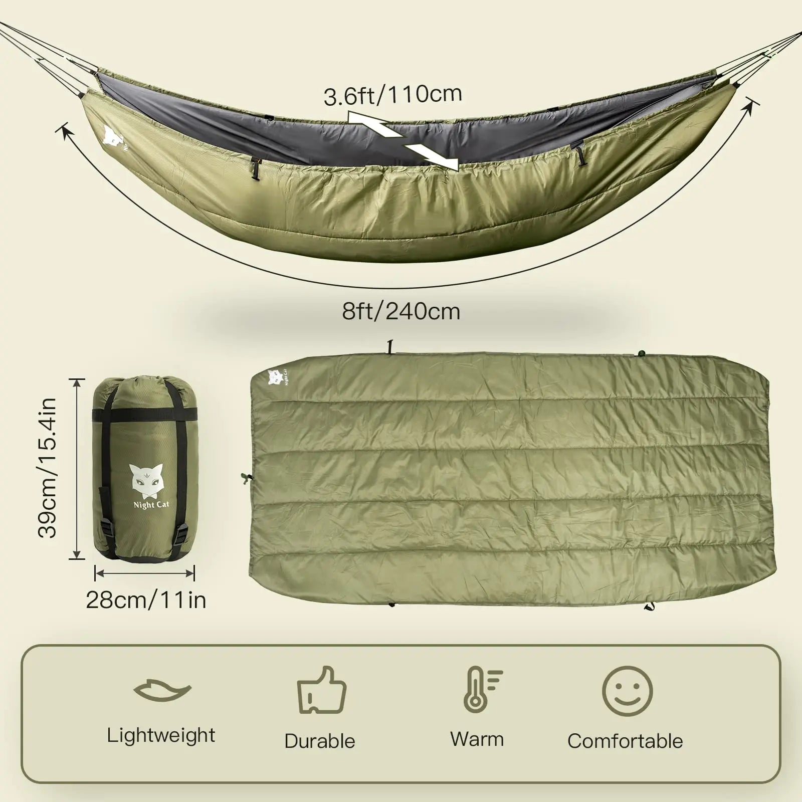 Night Cat Hammock Underquilts Sleeping Bag Single Insulated under Blanket 4 Seasons Lightweight Soft Warm 5-20℃ 8X3.6Ft