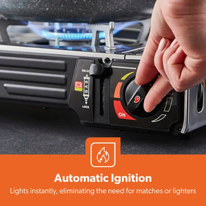 Portable Camping Gas Stove, Double Burner, Grill Plate, Automatic Ignition System