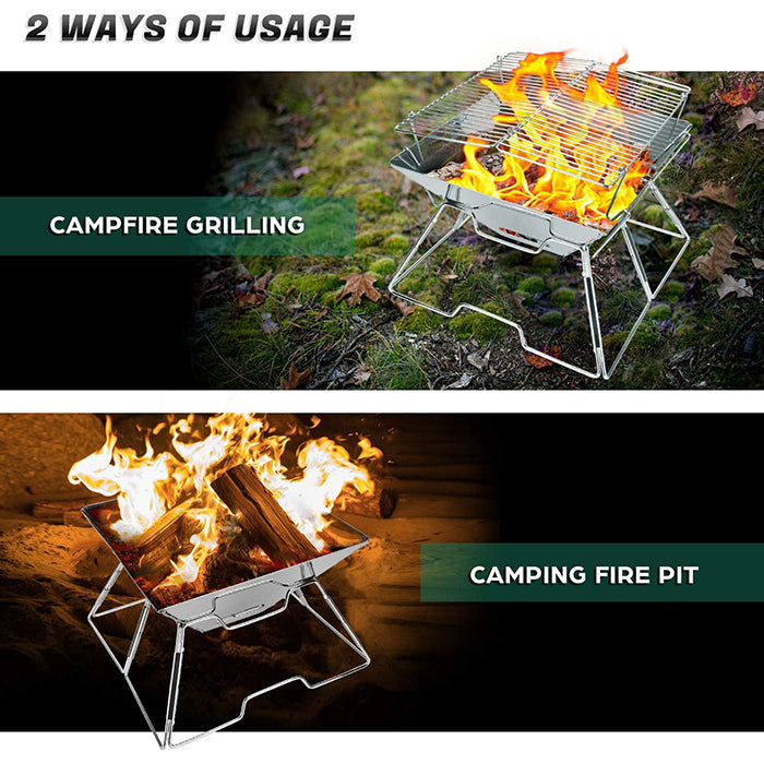 Collapsible Portable Fire Pit with Cooking Grill & Carry Bag