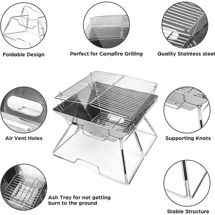 Collapsible Portable Fire Pit with Cooking Grill & Carry Bag