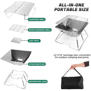 Collapsible Portable Fire Pit with Cooking Grill & Carry Bag